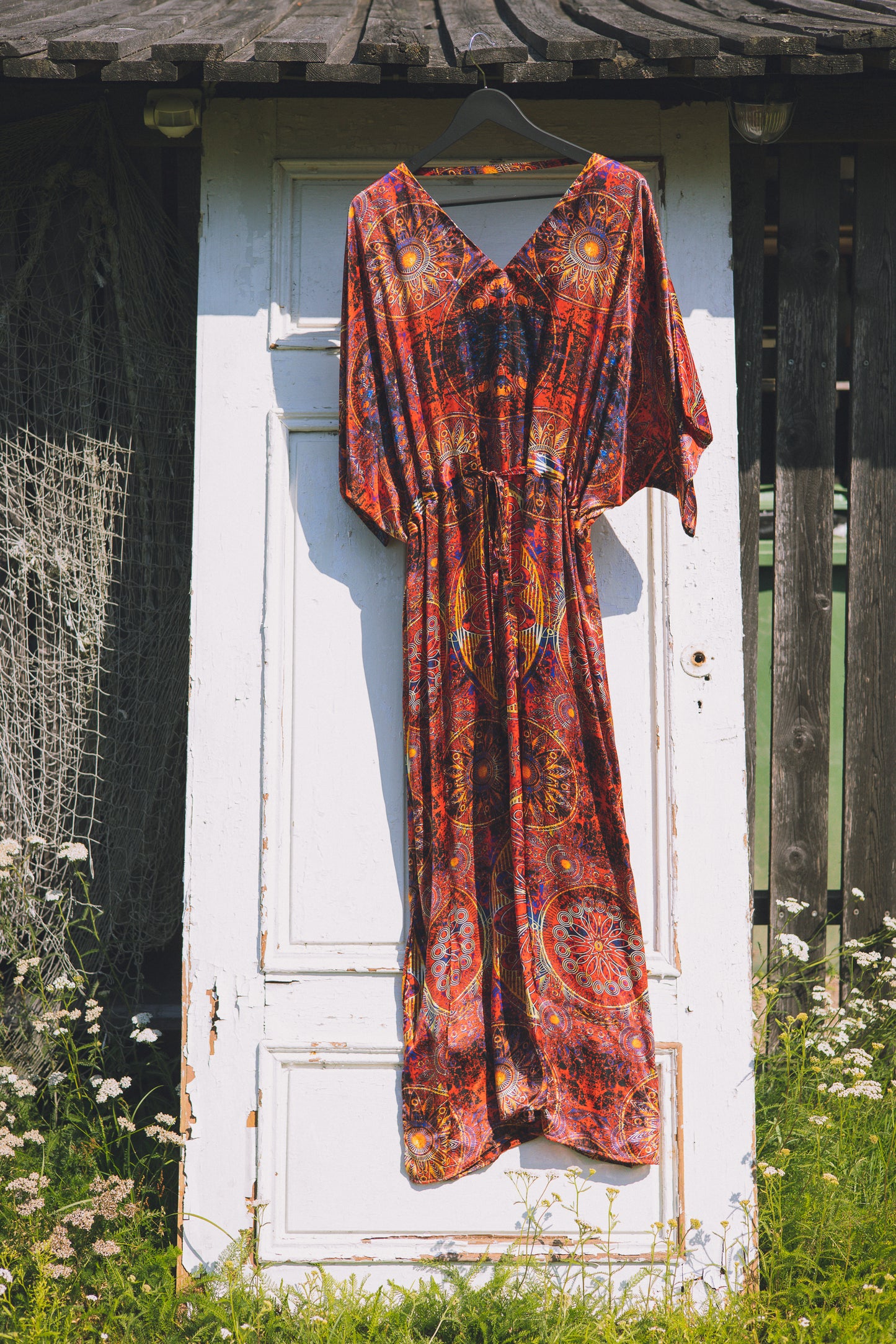 Long loose silk dress with tunnel belt "Balinese Dance"