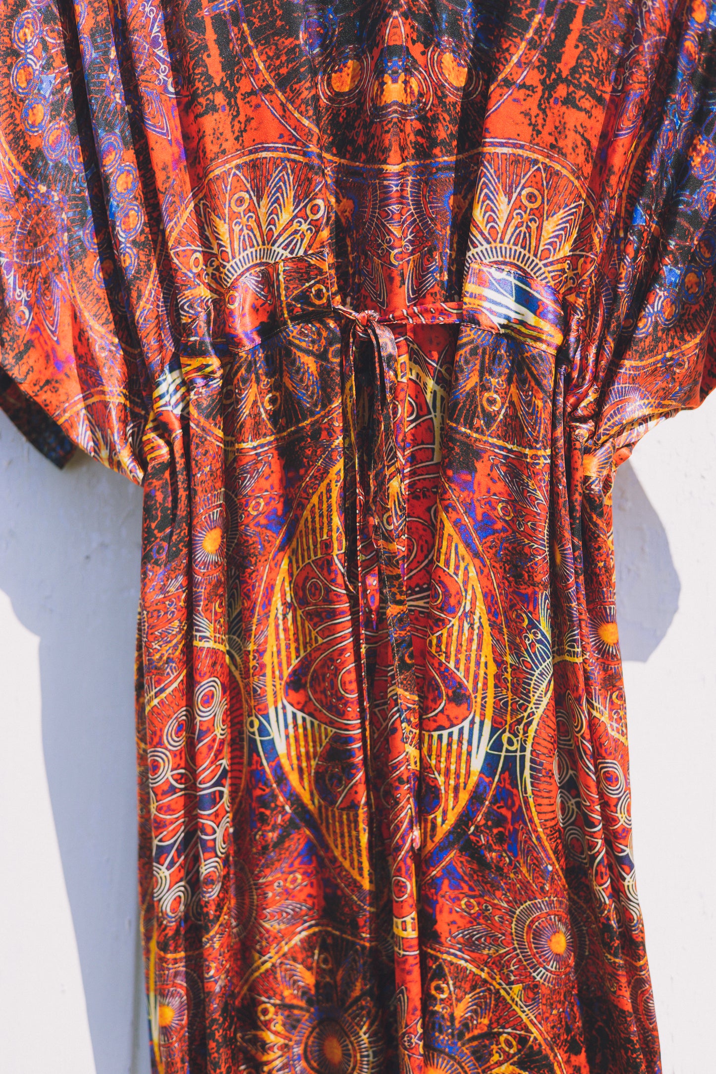 Long loose silk dress with tunnel belt "Balinese Dance"