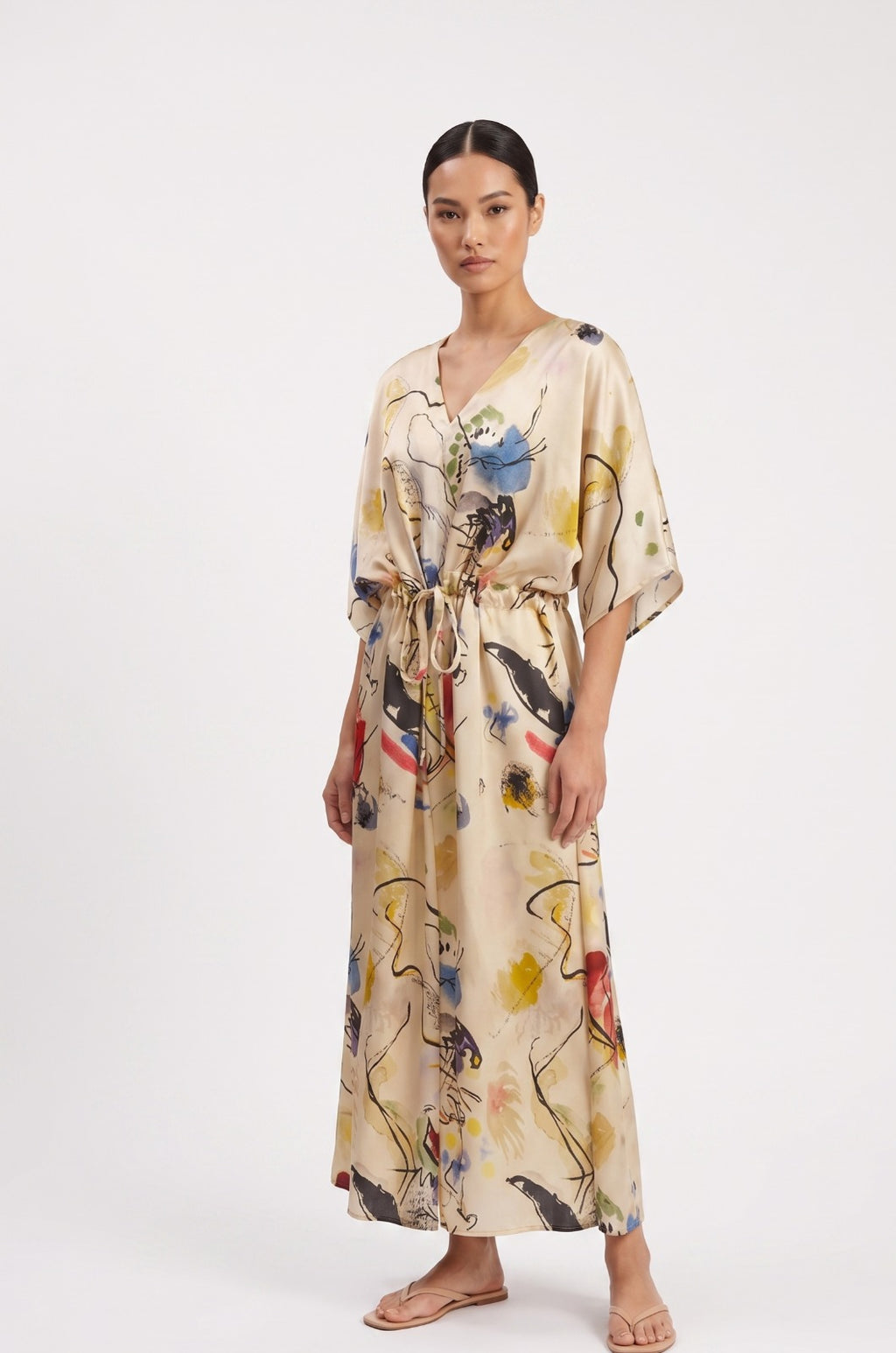 Long loose silk dress with tunnel belt "Kandinsky Composition"