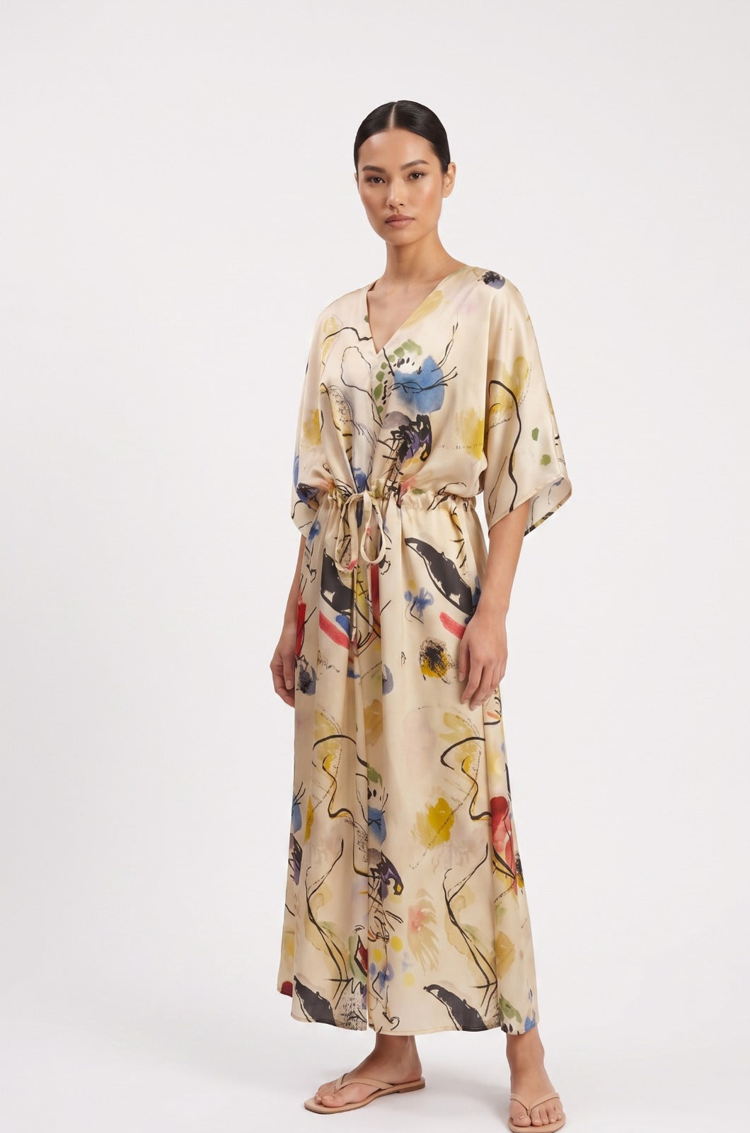 Long loose silk dress with tunnel belt "Kandinsky Composition"