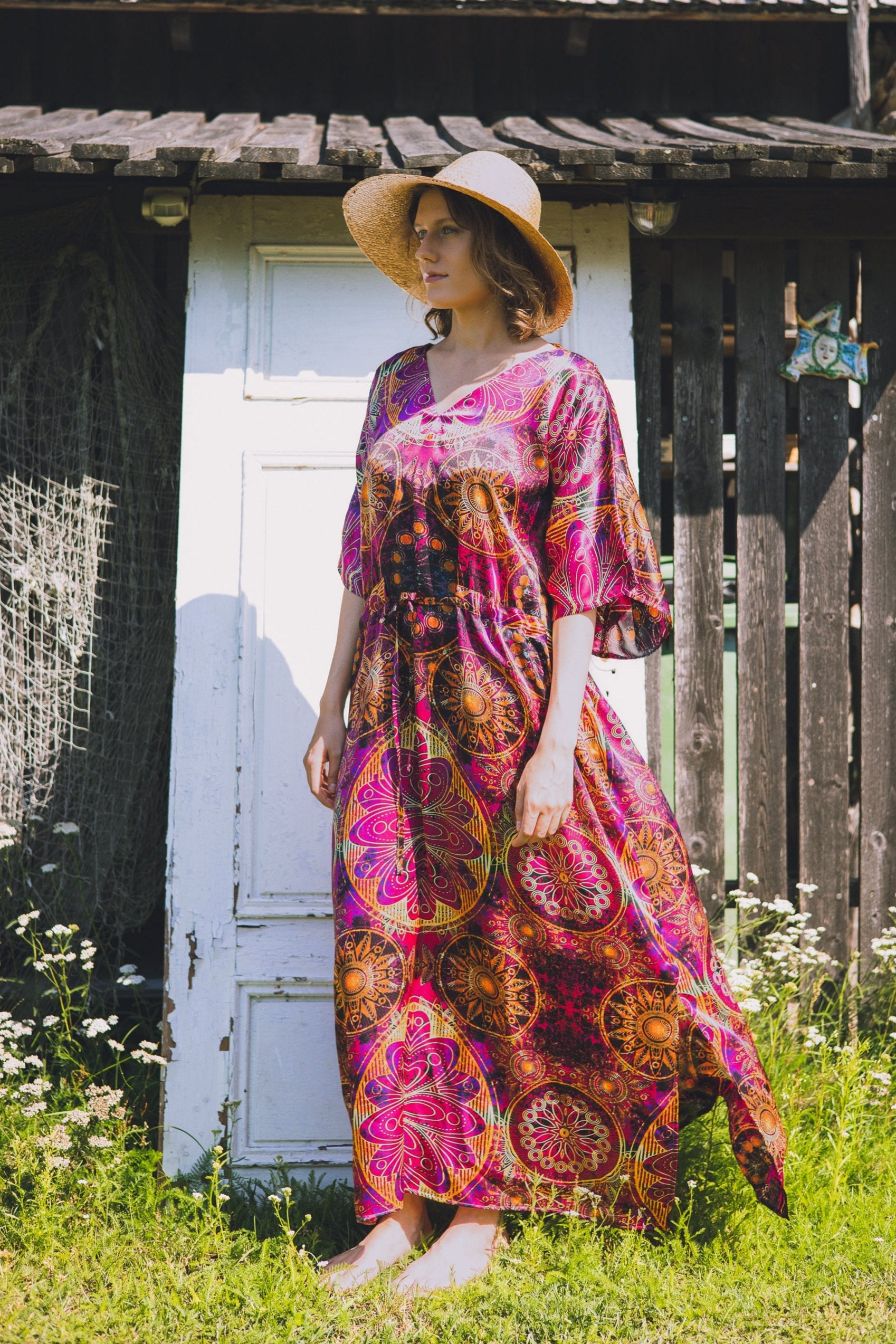 Long loose silk dress with tunnel belt "Burmese Dream"
