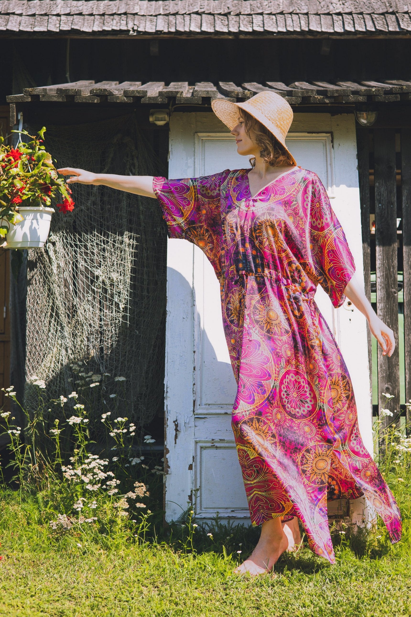 Long loose silk dress with tunnel belt "Burmese Dream"
