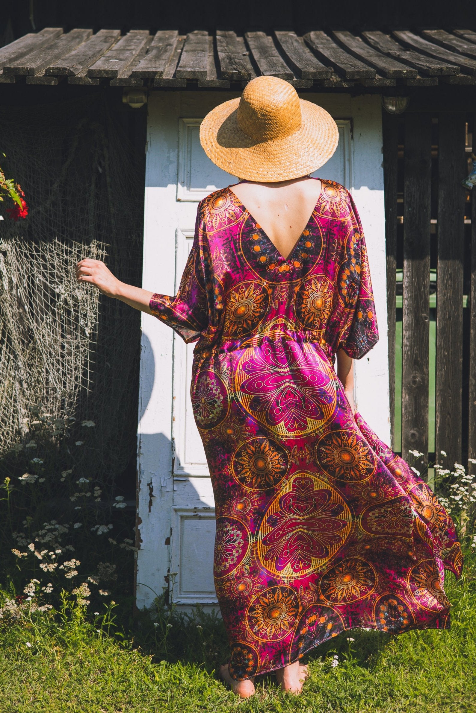 Long loose silk dress with tunnel belt "Burmese Dream"