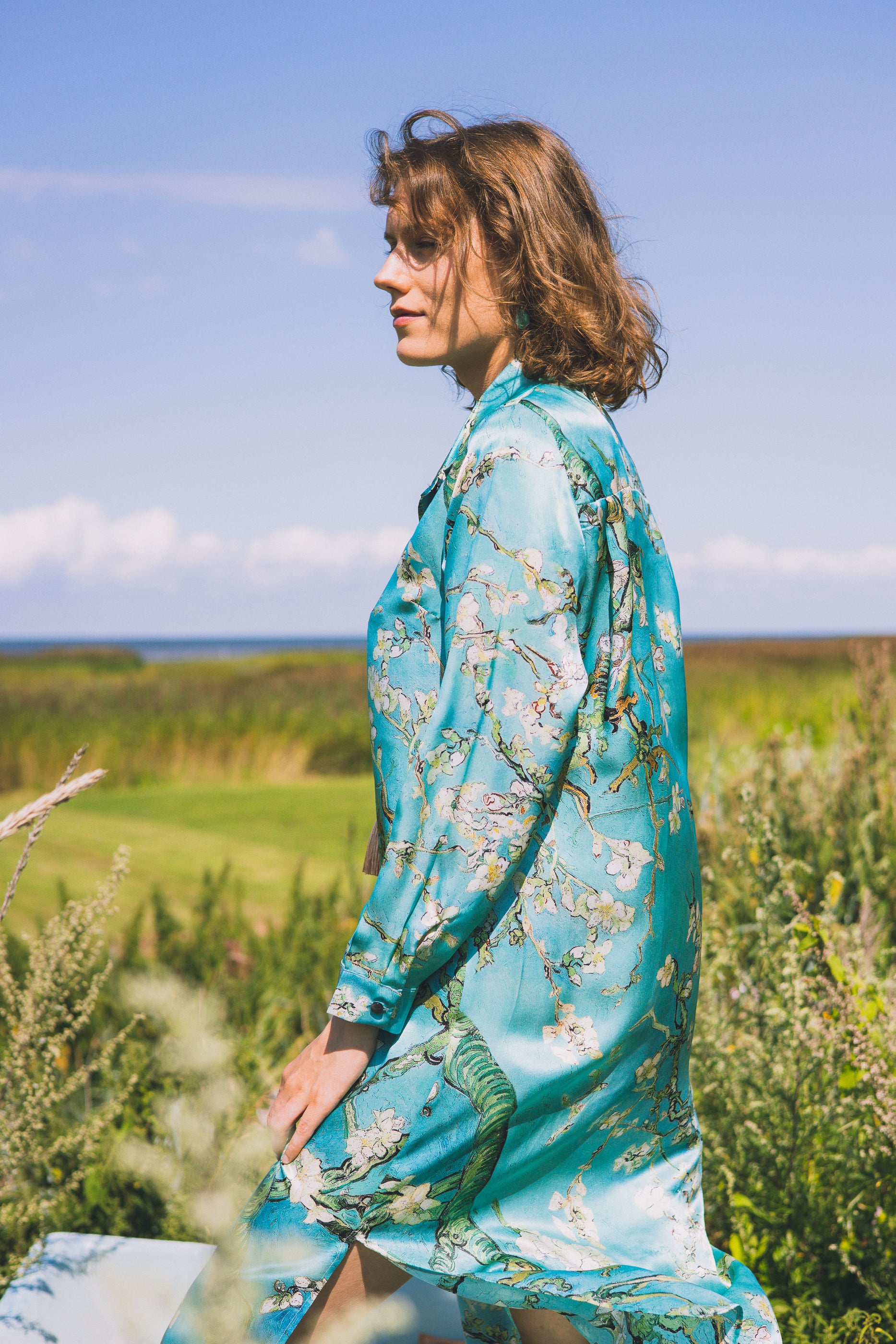 Long button-up silk dress "Japanese Lake"