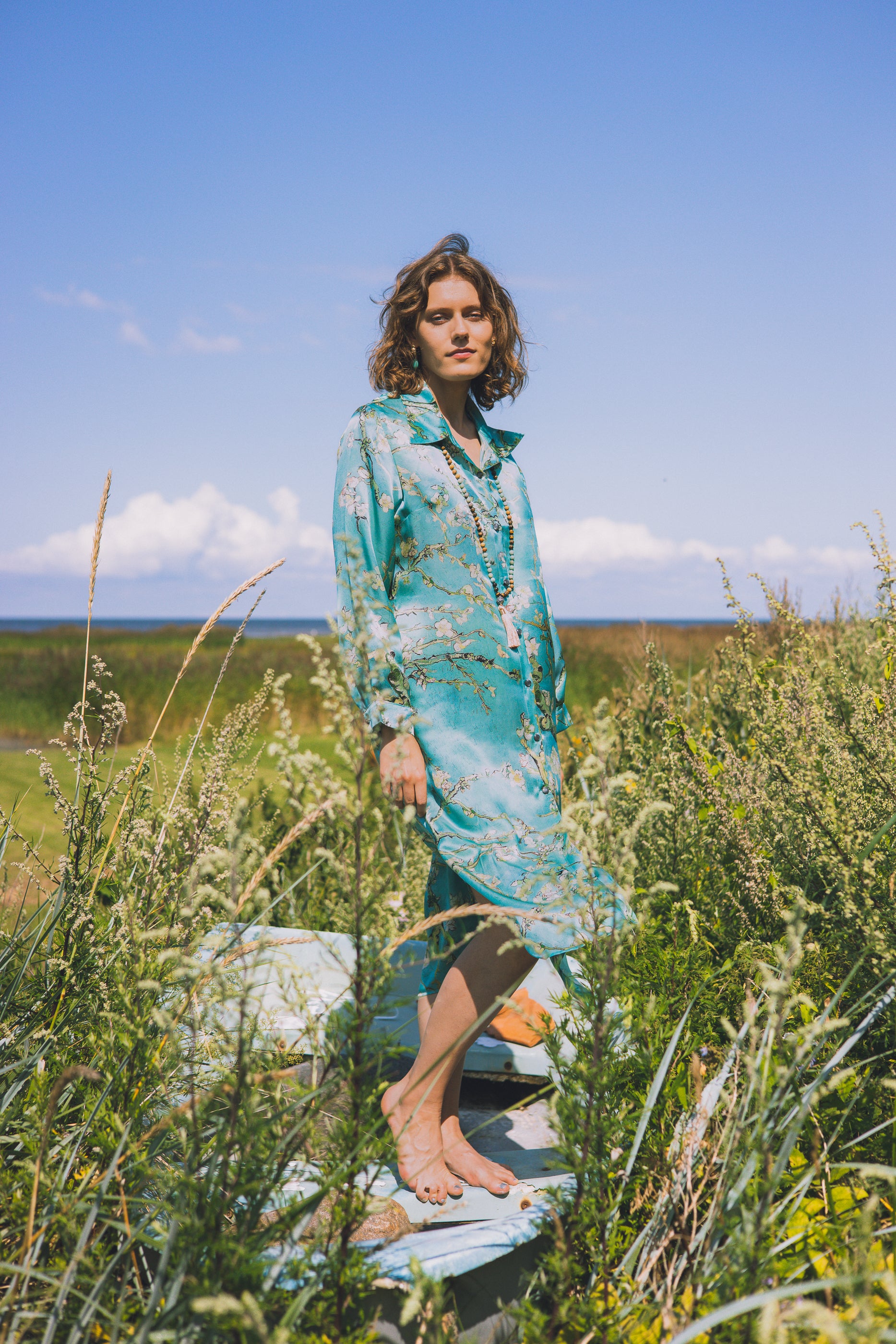 Long button-up silk dress "Japanese Lake"