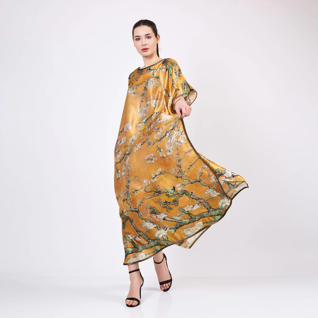 Long loose silk dress "Almond Blossoms - Gold"