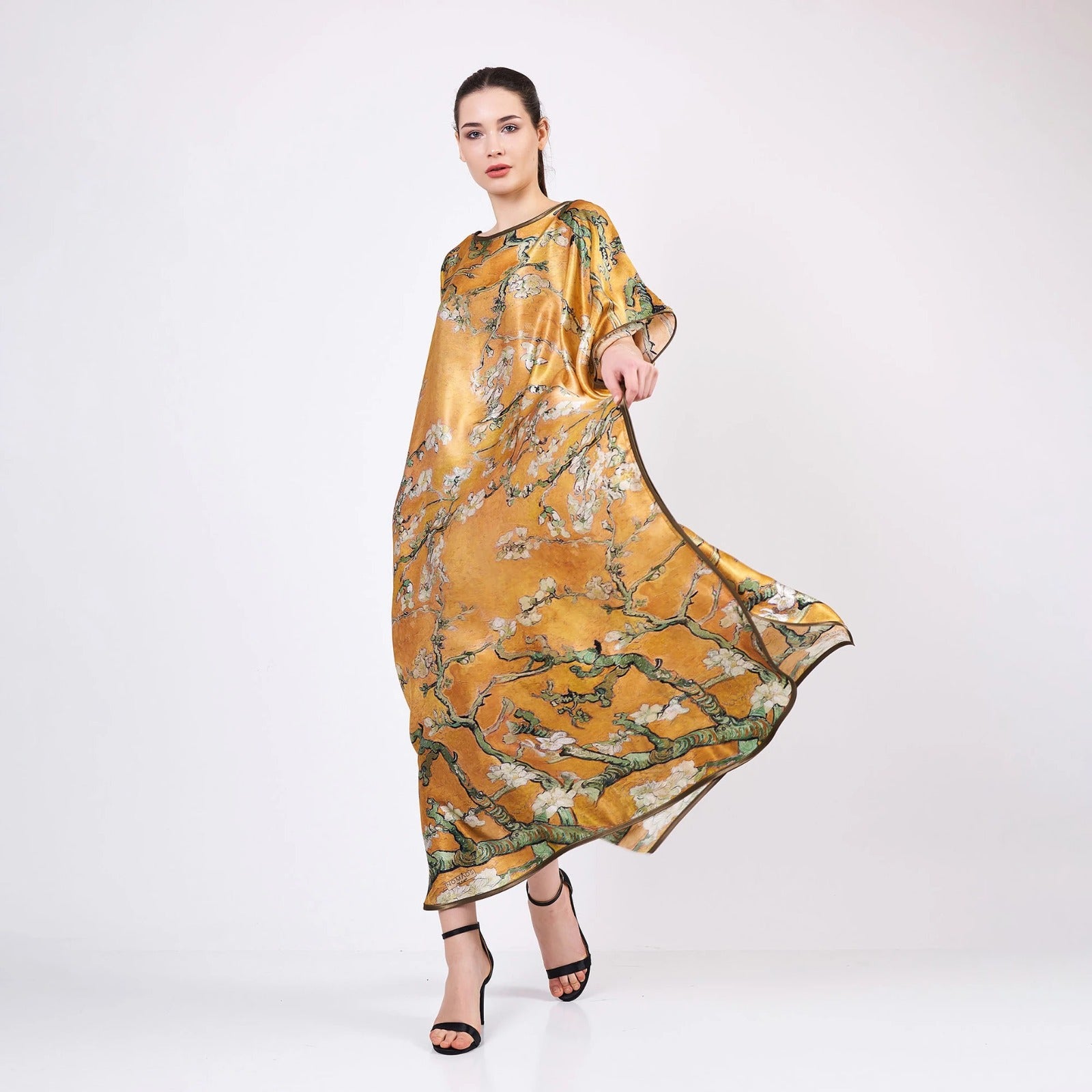 Long loose silk dress "Almond Blossoms - Gold"