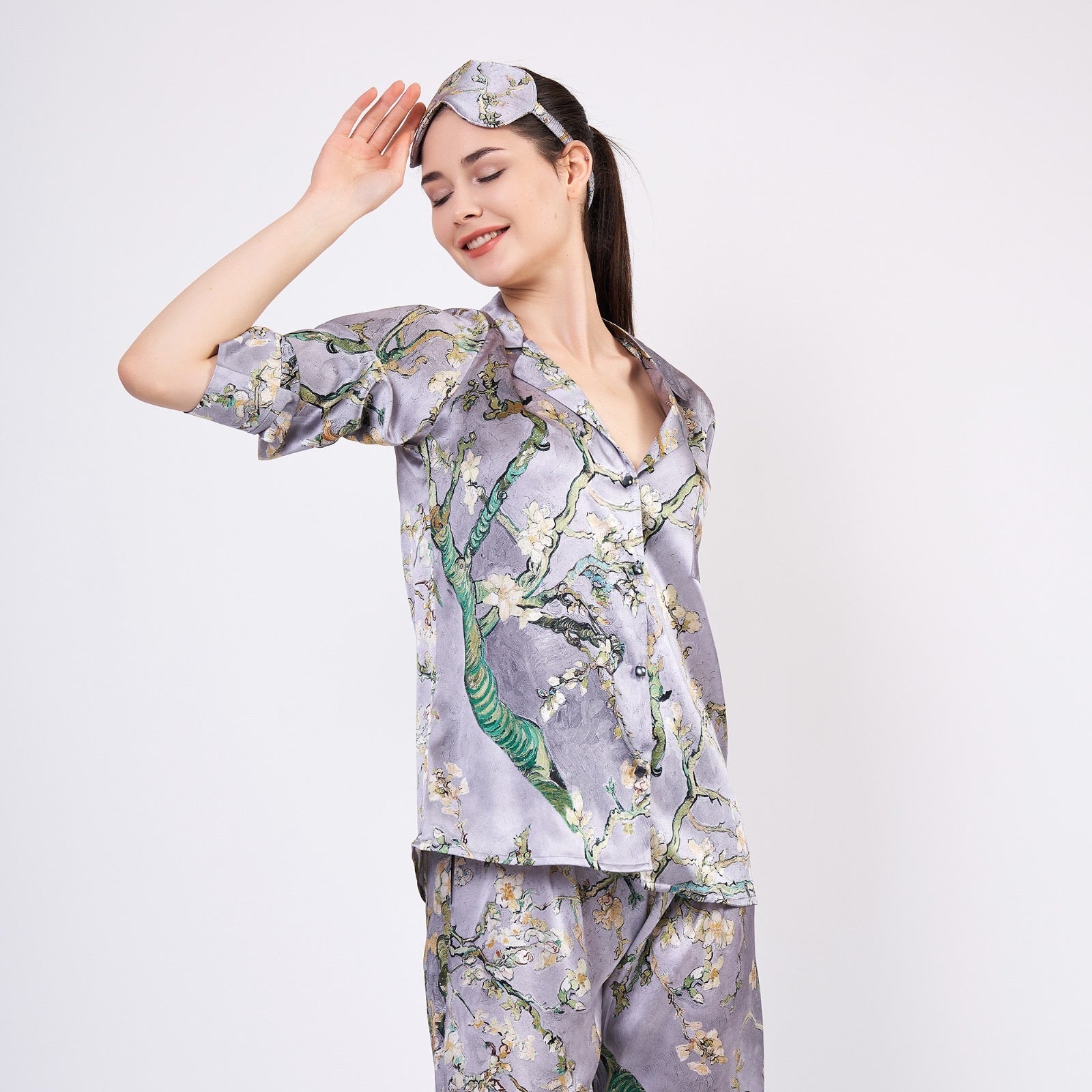 Two-piece long silk leisure set "Almond Blossoms - Gray"