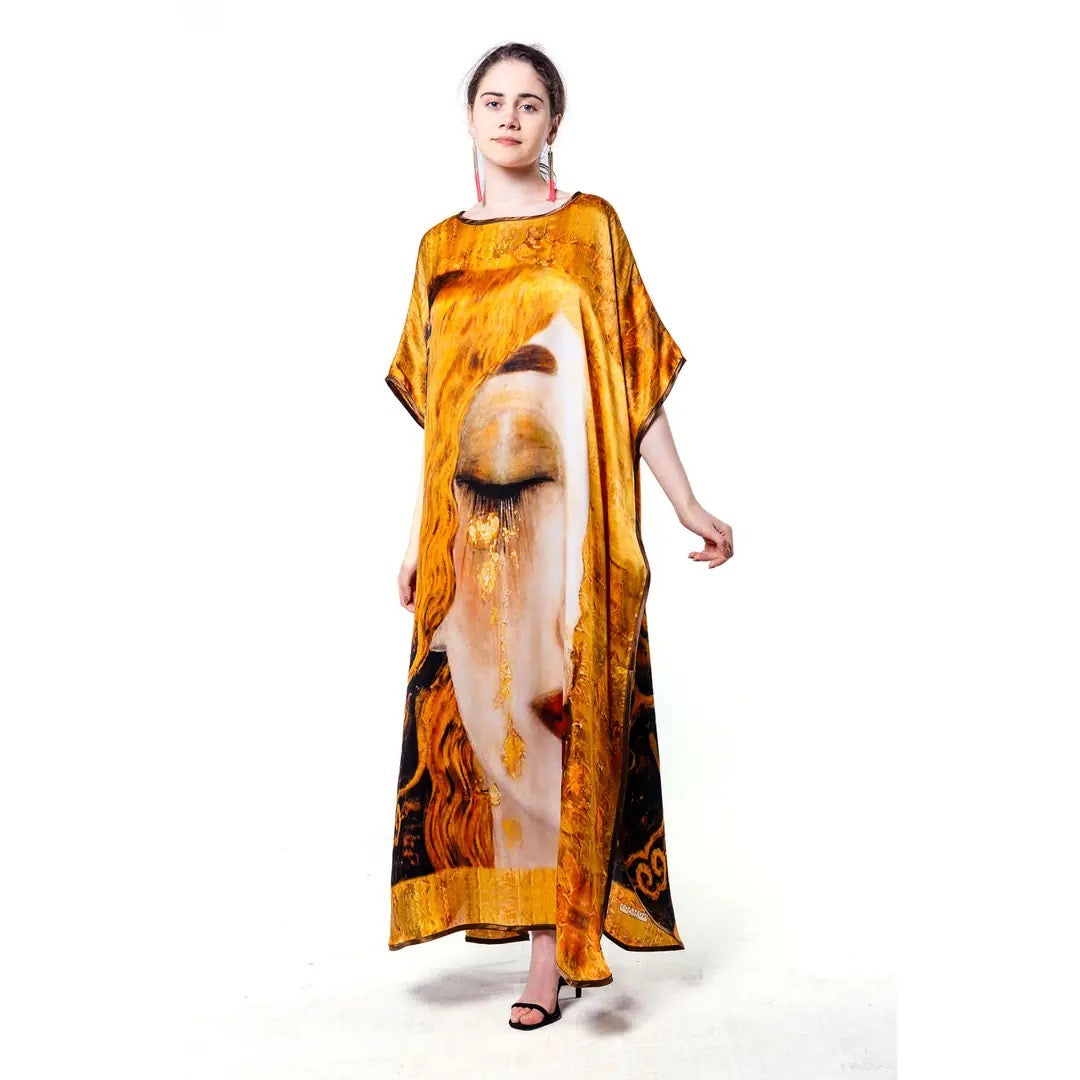 Long loose silk dress "Golden Tears"