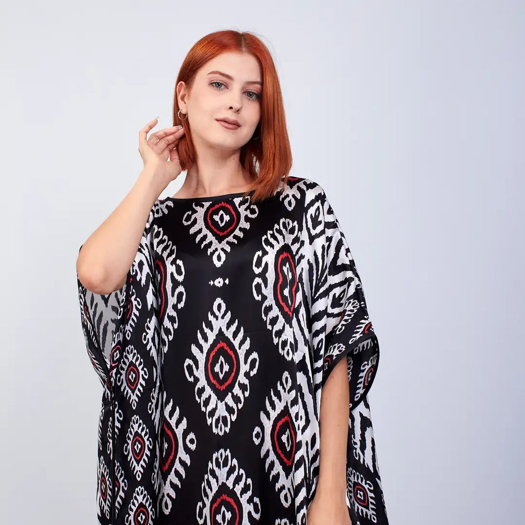 Long loose silk dress "Ethnic Pattern Black"