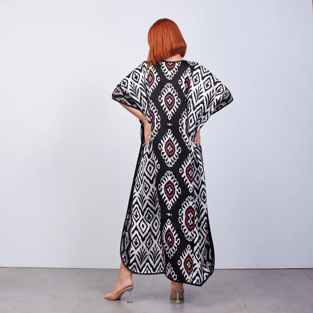 Long loose silk dress "Ethnic Pattern Black"