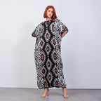 Long loose silk dress "Ethnic Pattern Black"