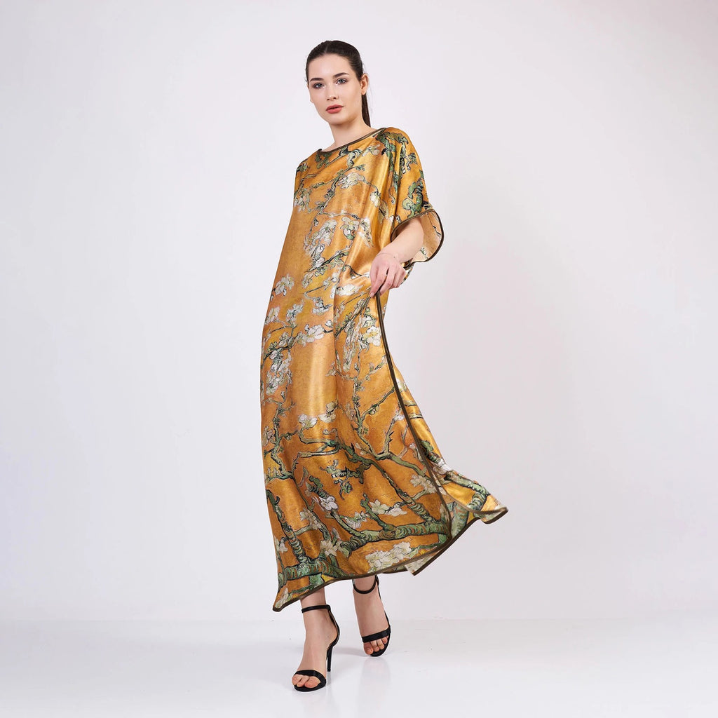 Long loose silk dress "Almond Blossoms - Gold"