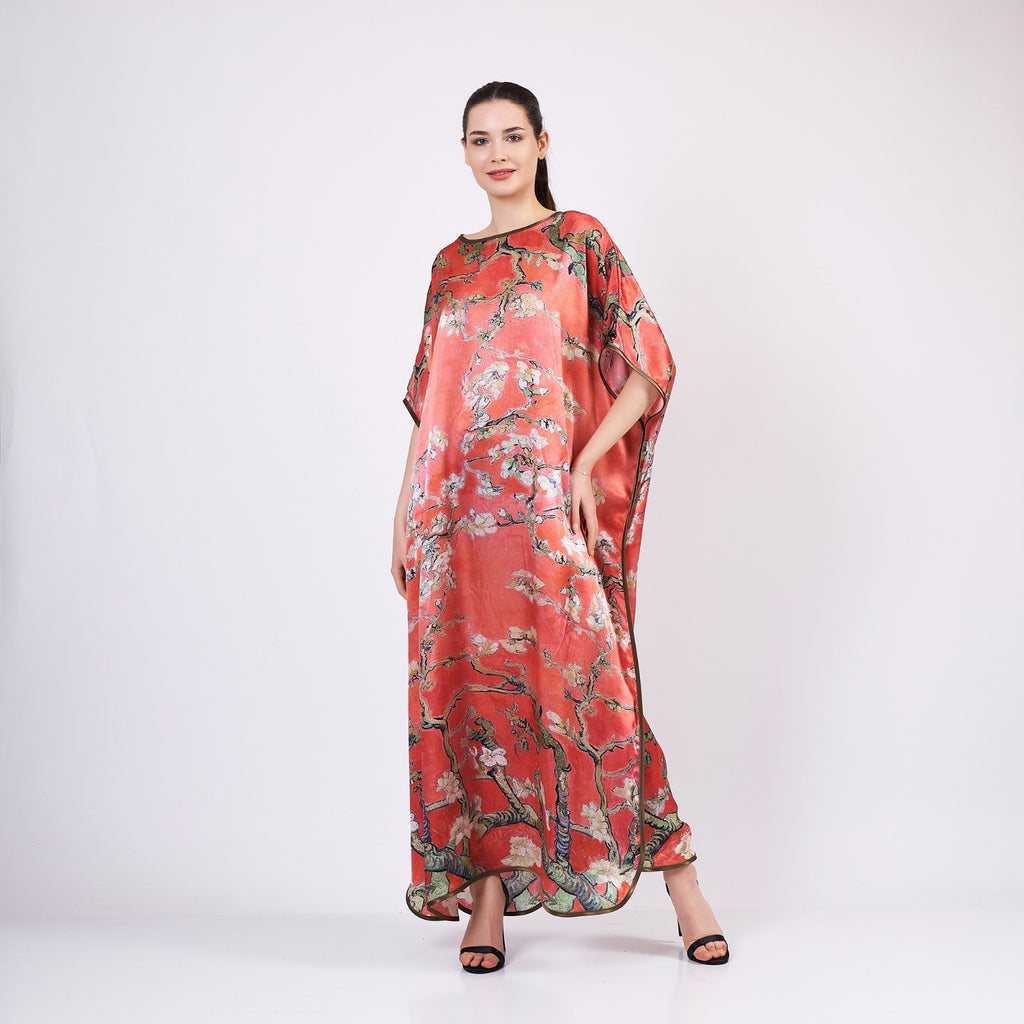 Long loose silk dress "Almond Blossoms - Red"