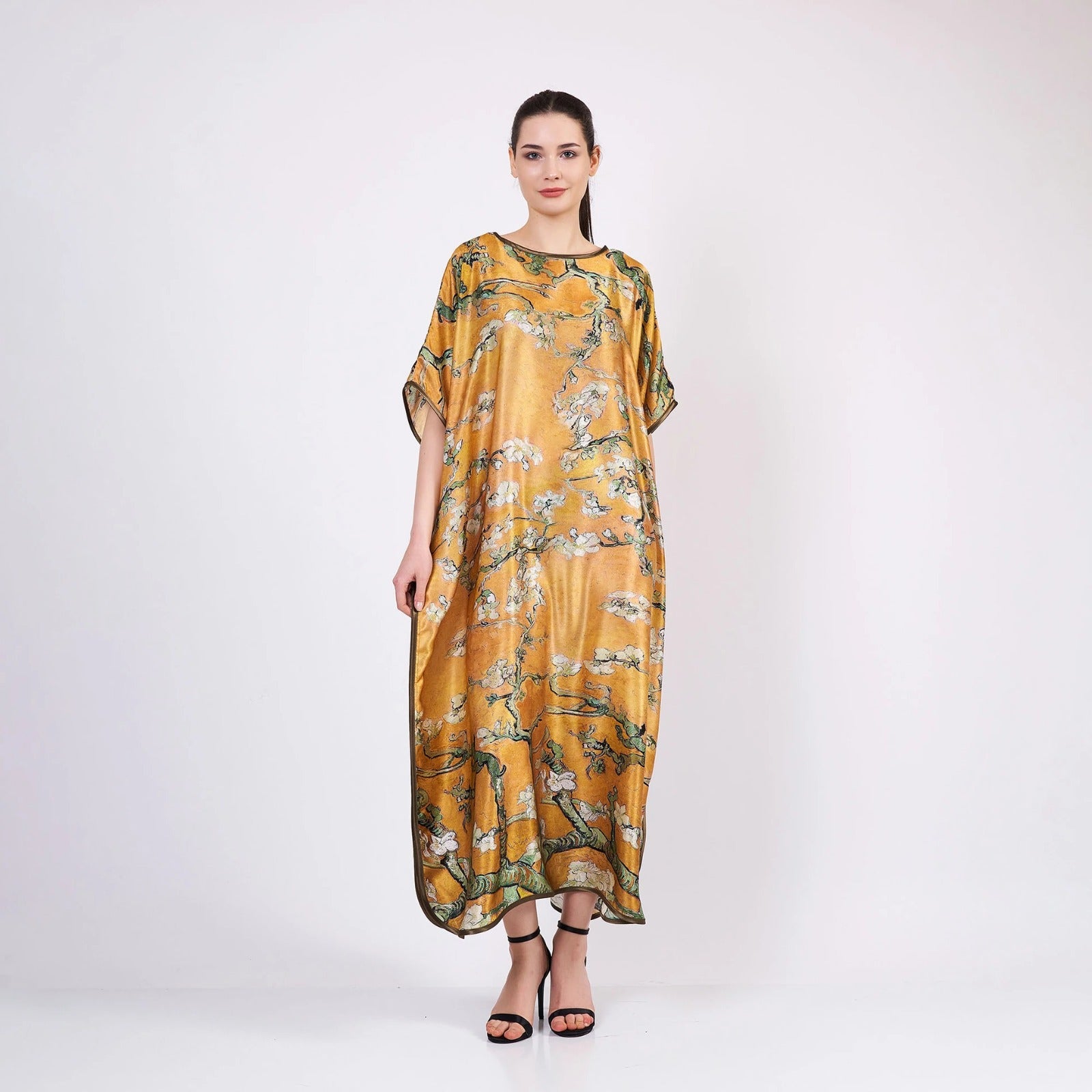 Long loose silk dress "Almond Blossoms - Gold"