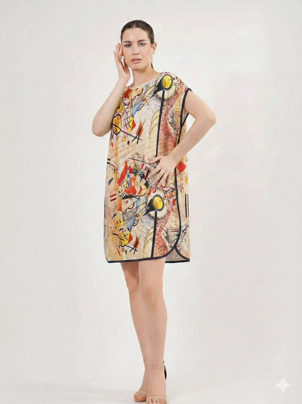 Short loose silk dress "Kandisnky Composition in Yellow"