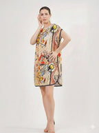 Short loose silk dress "Kandisnky Composition in Yellow"