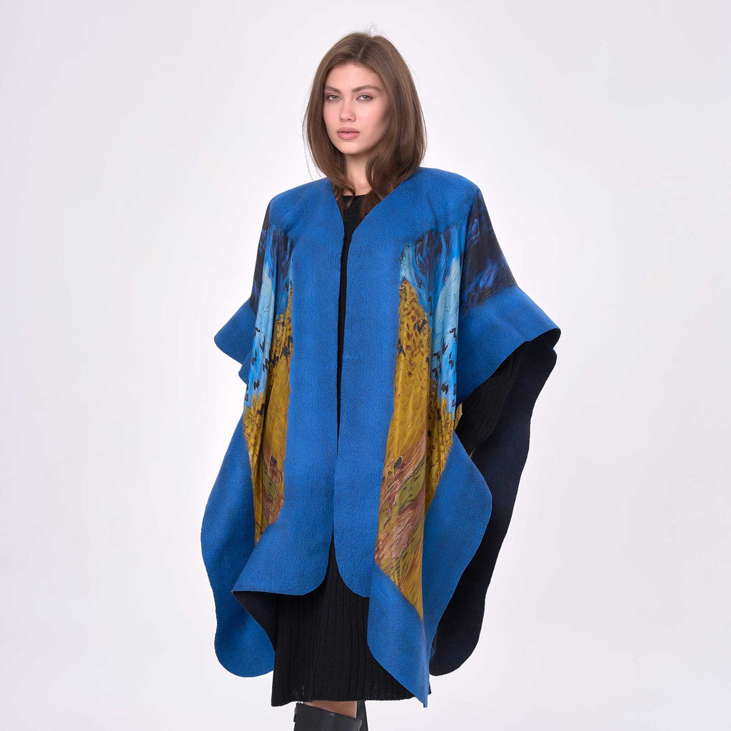 Felted silk poncho "Wheatfield with Crows"