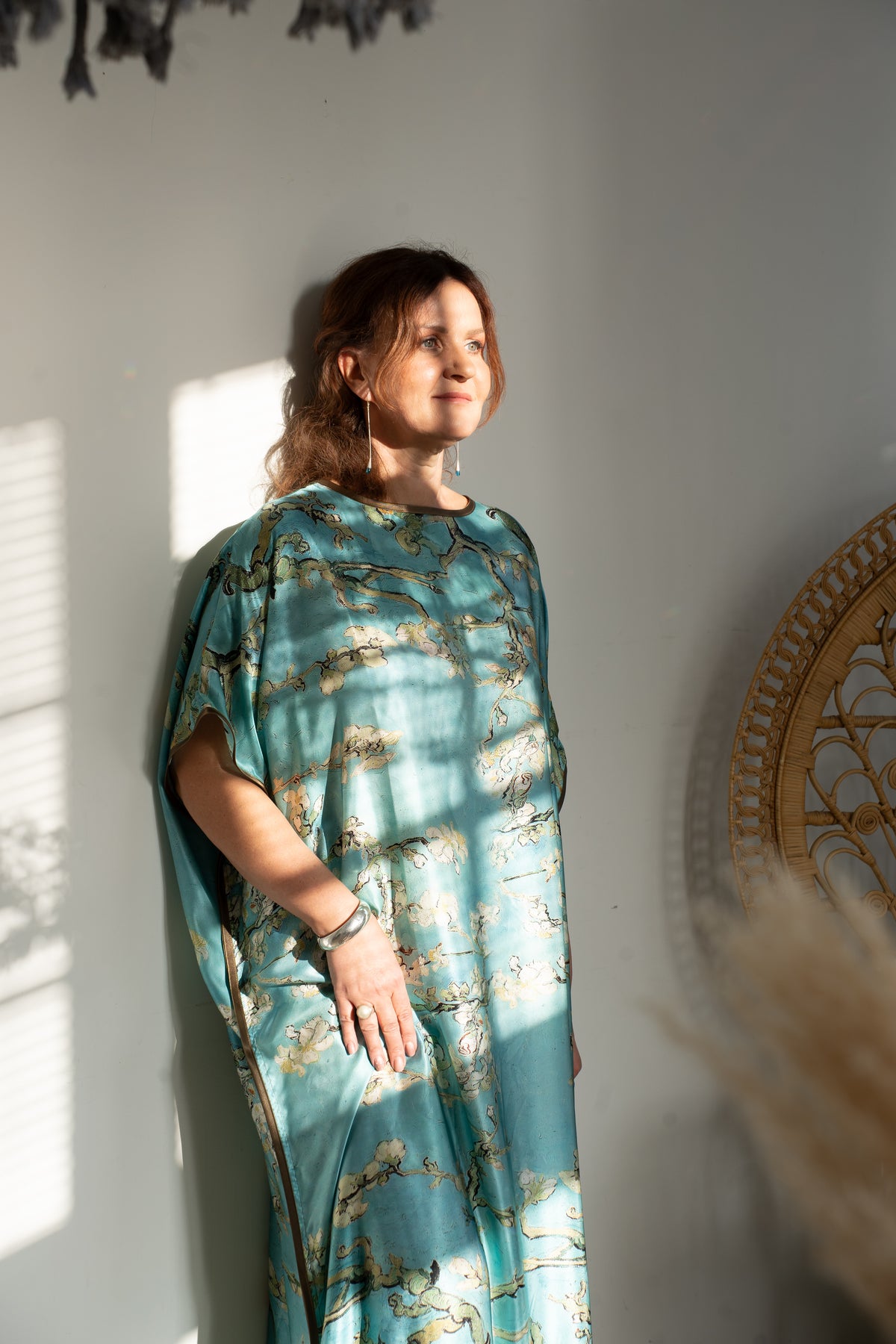 Long loose silk dress "Almond Blossoms - Blue"