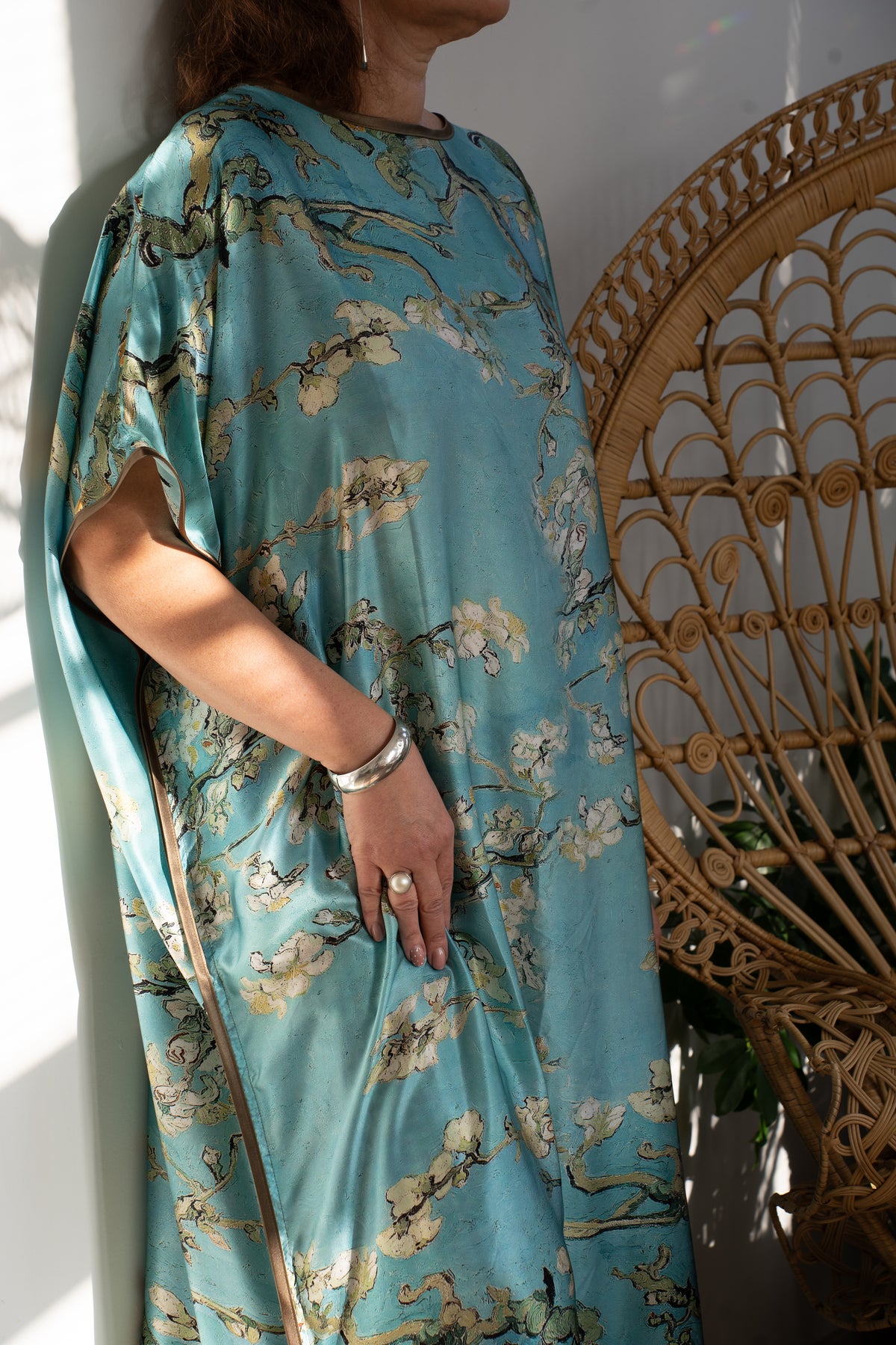 Long loose silk dress "Almond Blossoms - Blue"