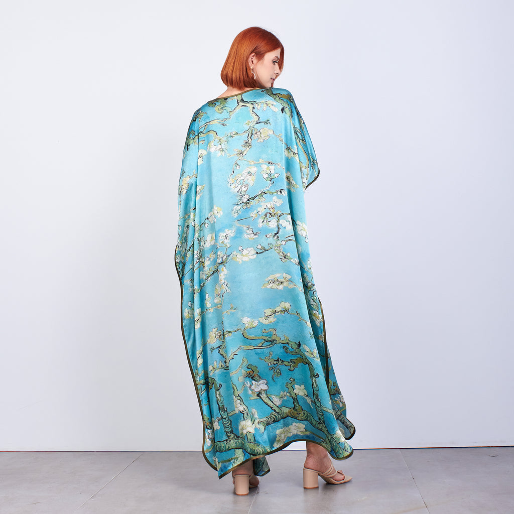 Long loose silk dress "Almond Blossoms - Blue"