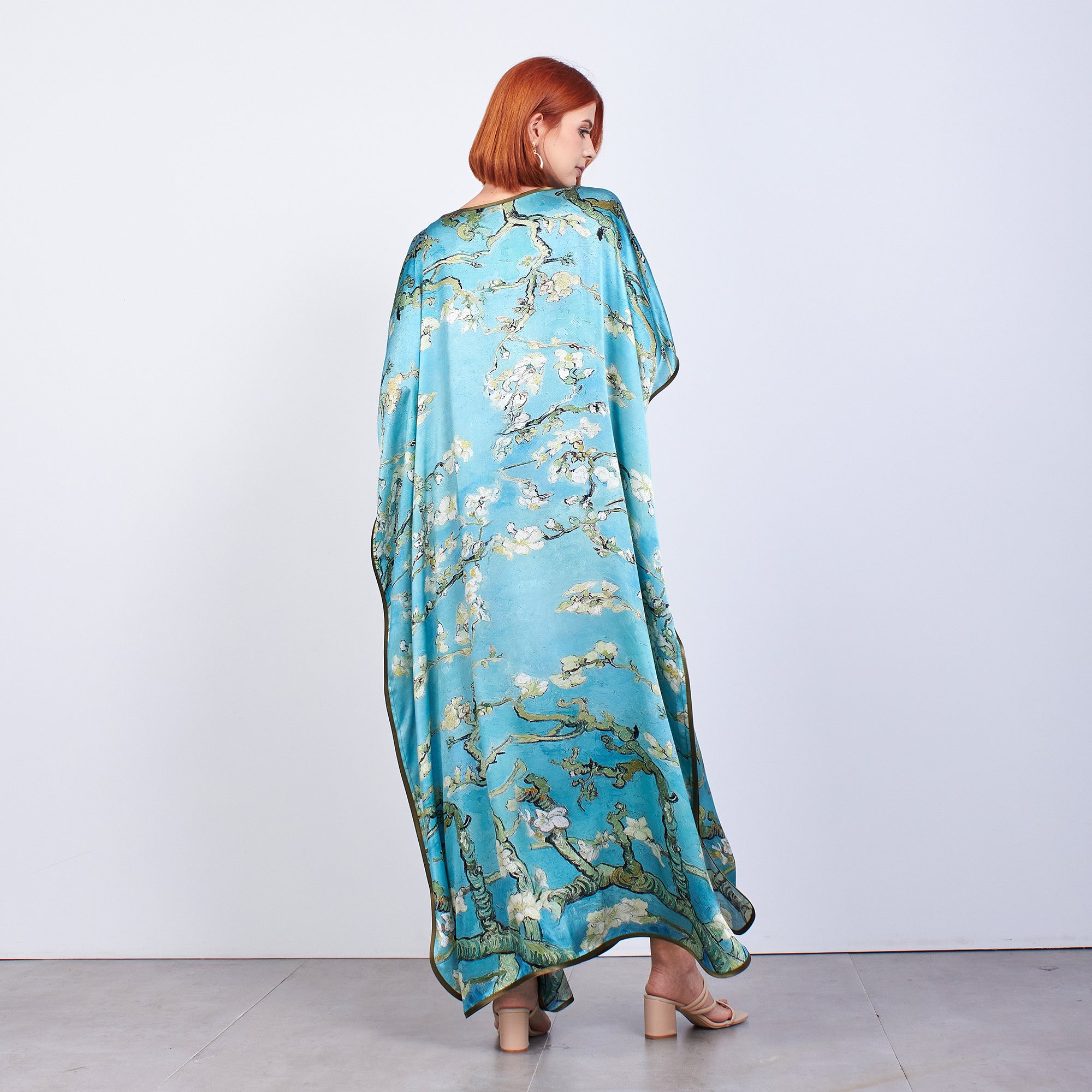 Long loose silk dress "Almond Blossoms - Blue"