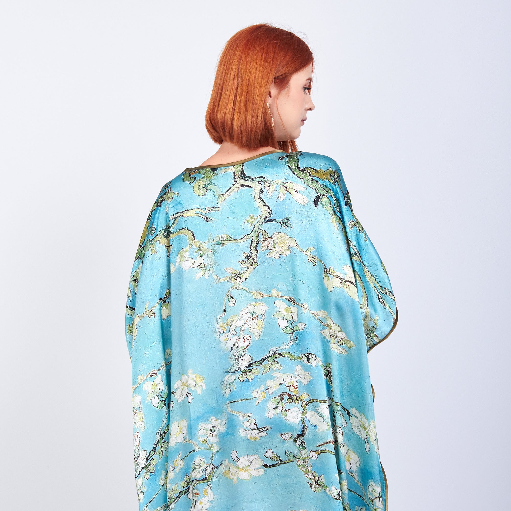 Long loose silk dress "Almond Blossoms - Blue"