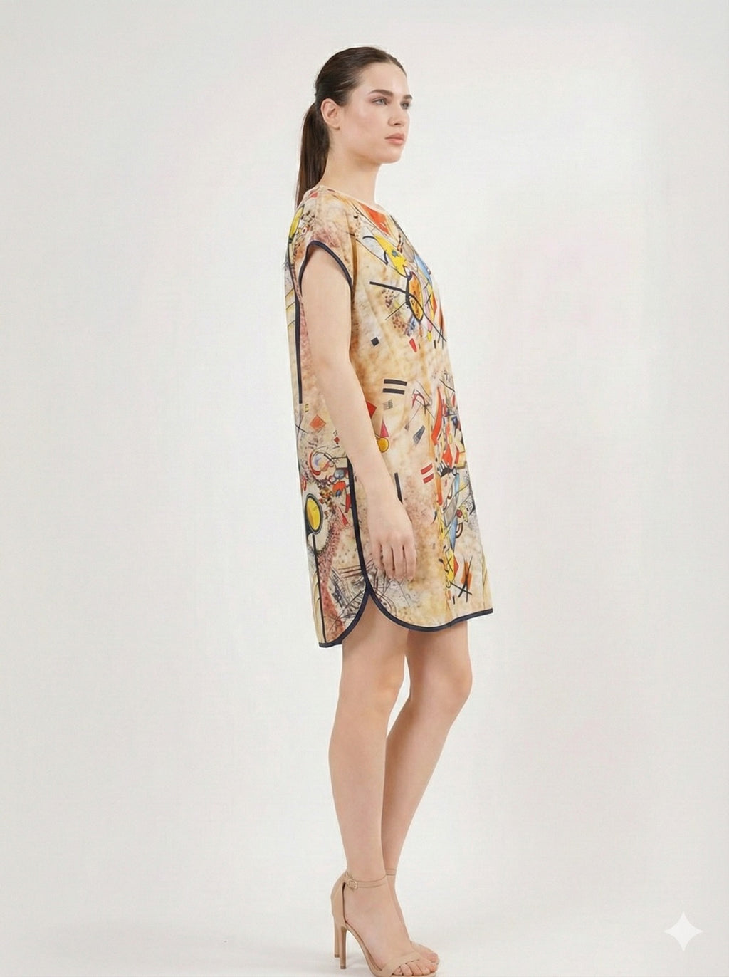 Short loose silk dress "Kandisnky Composition in Yellow"