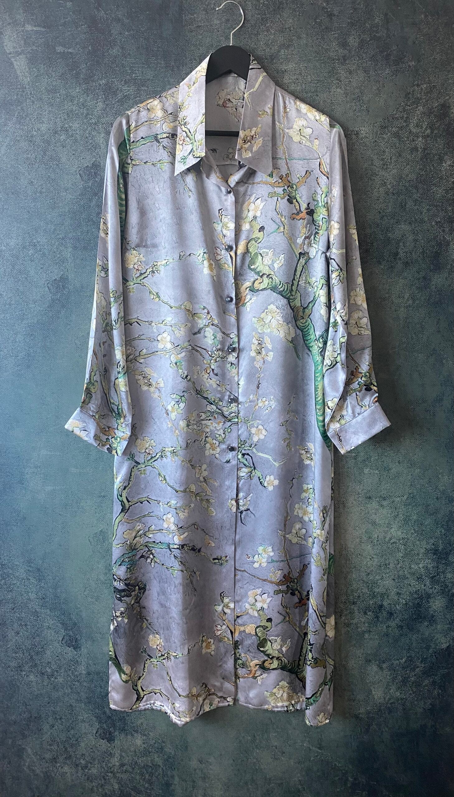 Long button-up silk dress "Japanese Winter"