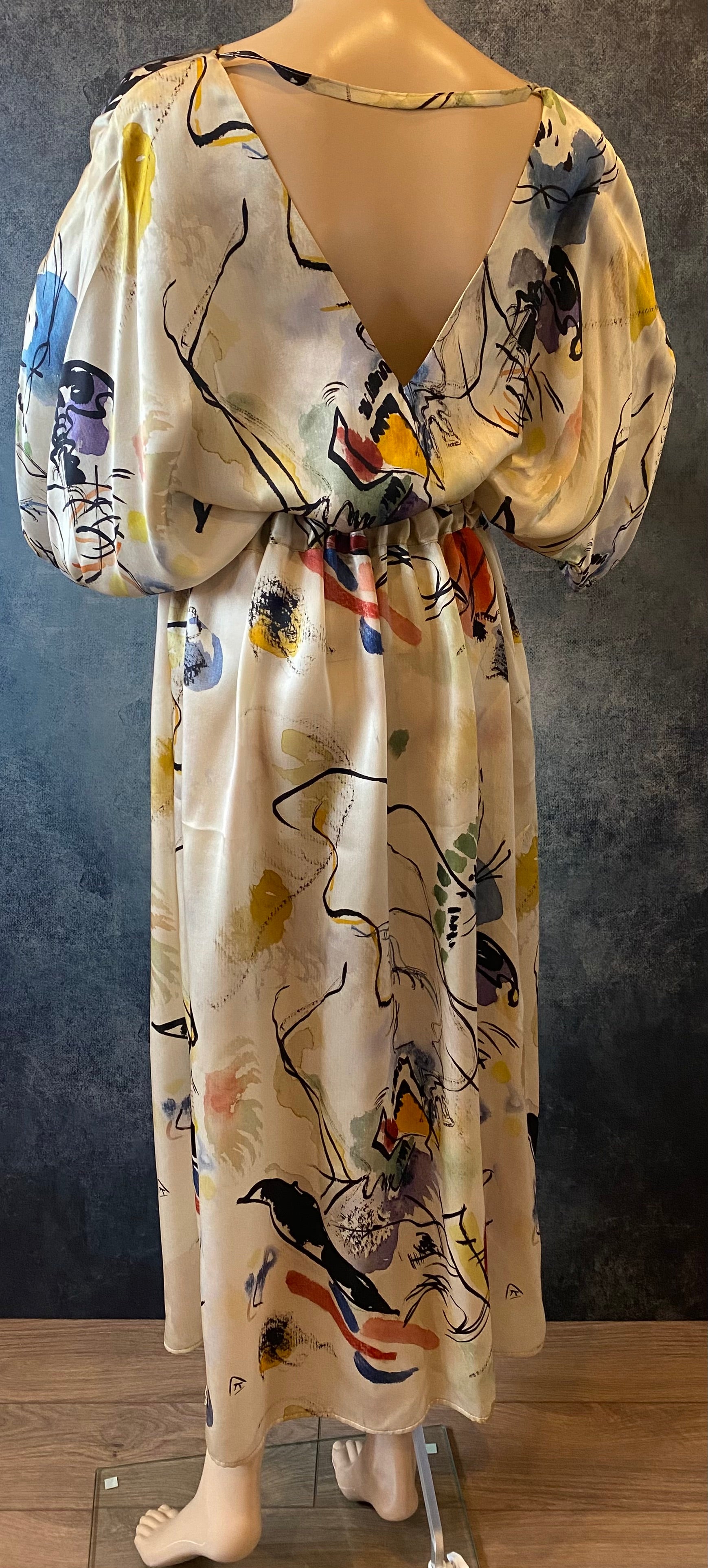 Long loose silk dress with tunnel belt "Kandinsky Composition"