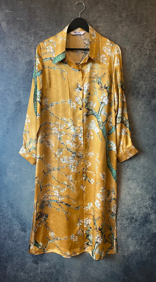 Long button-up silk dress "Japanese Sun"
