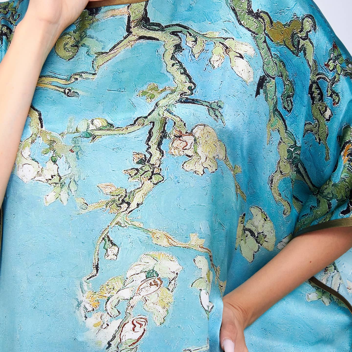 Long loose silk dress "Almond Blossoms - Blue"