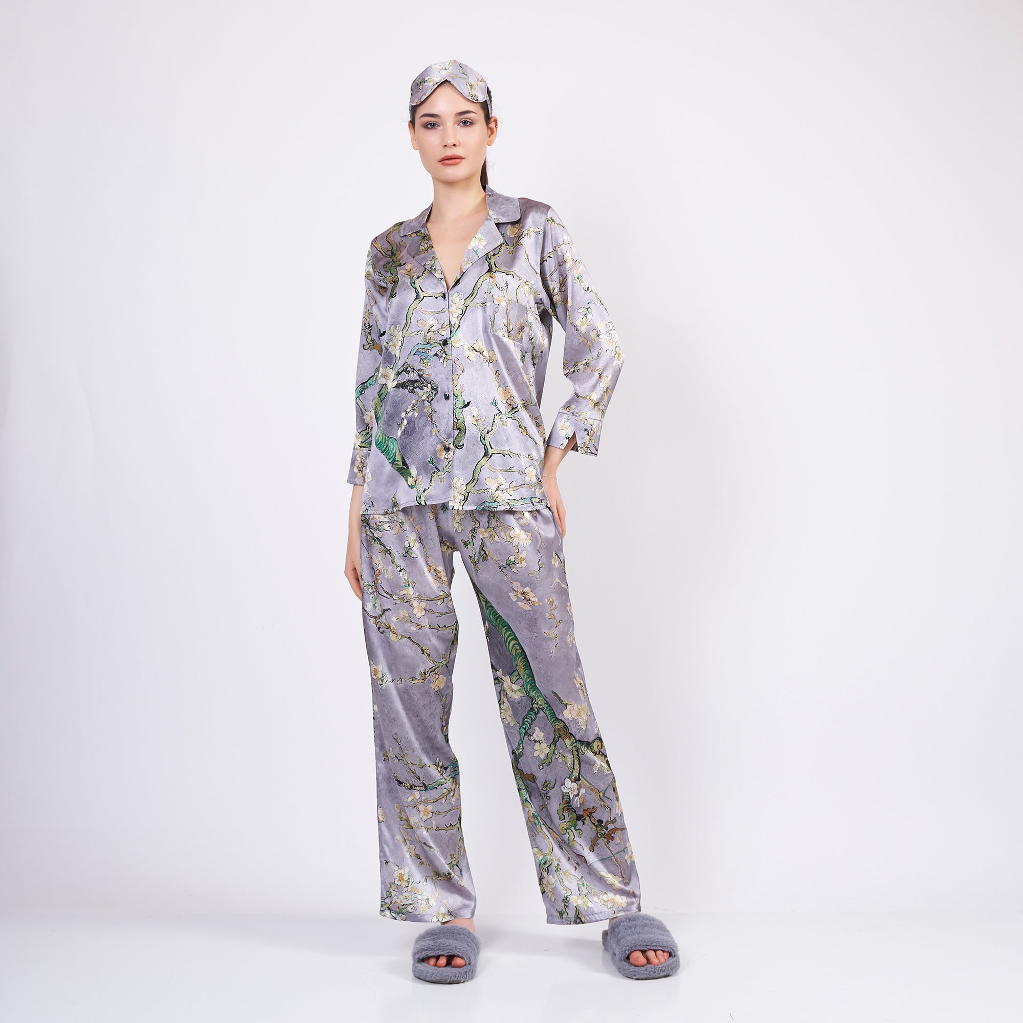 Two-piece long silk leisure set "Almond Blossoms - Gray"