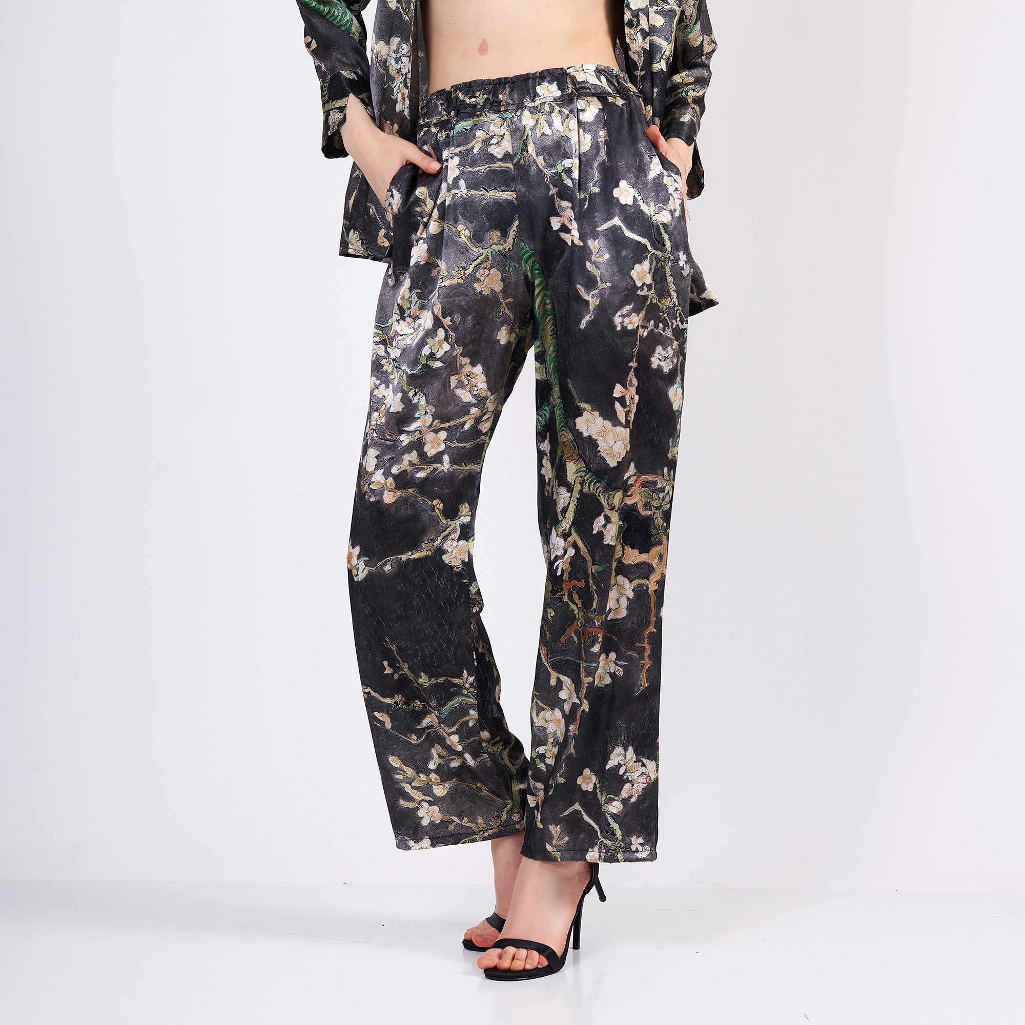 Two-piece long silk leisure set "Almond Blossoms - Anthracite"
