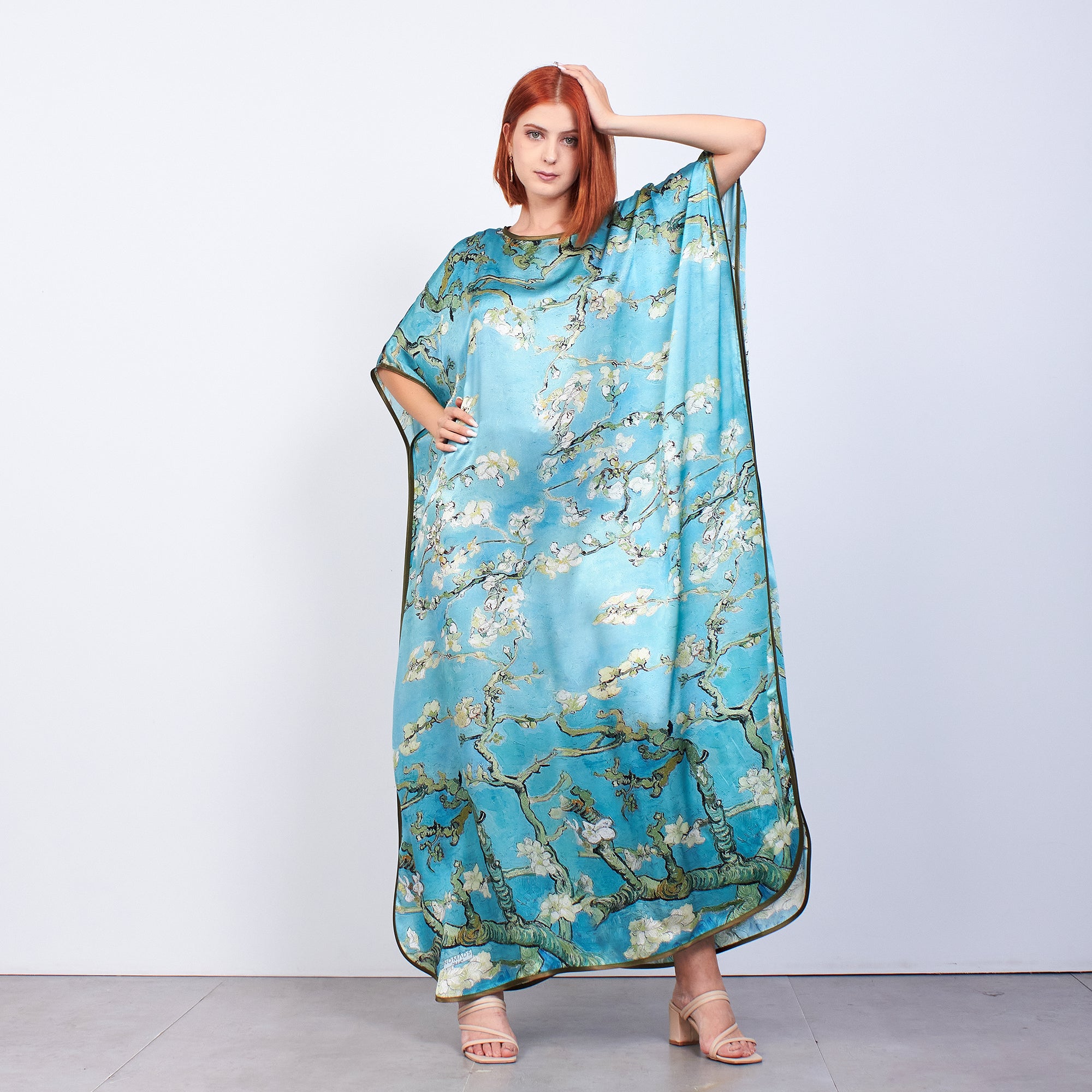 Long loose silk dress "Almond Blossoms - Blue"