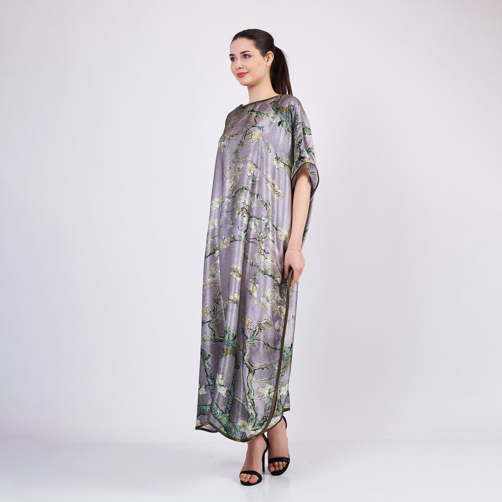 Long loose silk dress "Almond Blossoms - Gray"