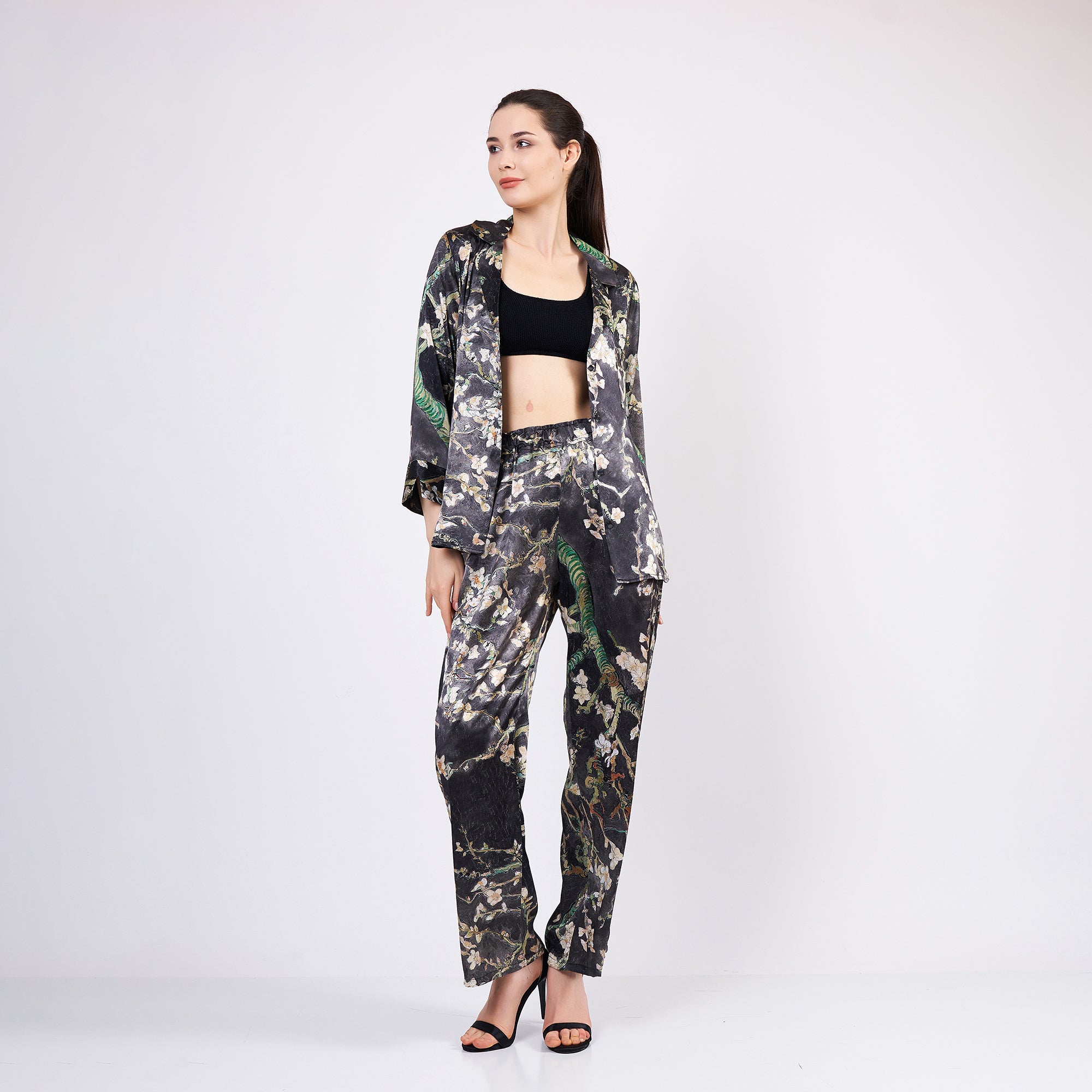 Two-piece long silk leisure set "Almond Blossoms - Anthracite"