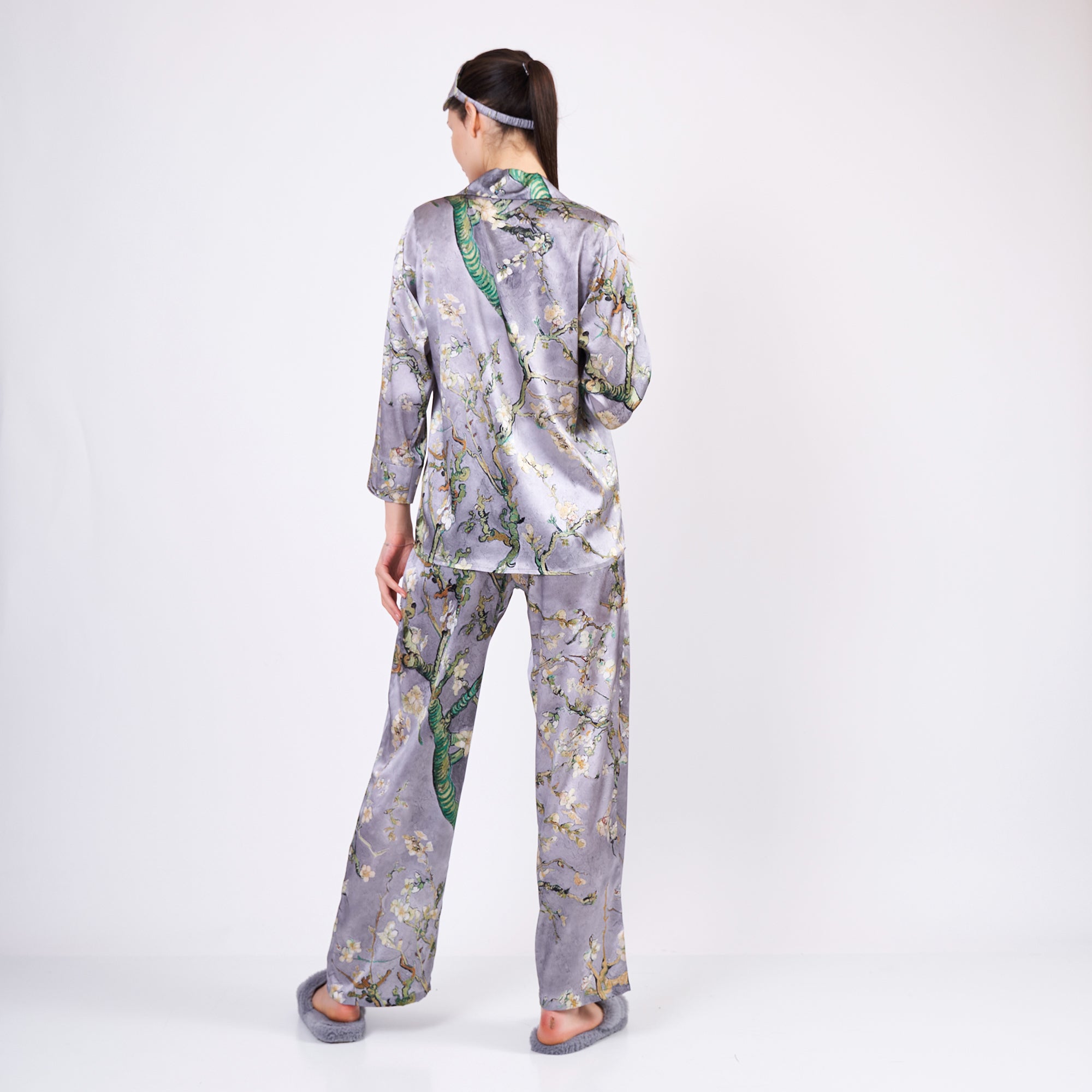 Two-piece long silk leisure set "Almond Blossoms - Gray"