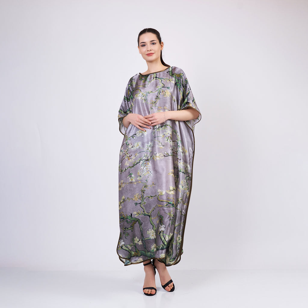Long loose silk dress "Almond Blossoms - Gray"