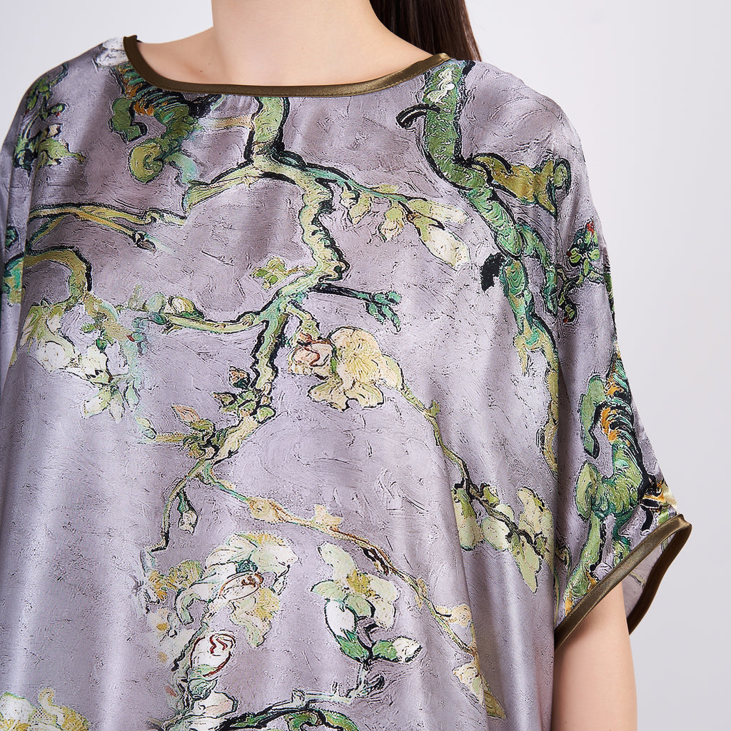 Long loose silk dress "Almond Blossoms - Gray"