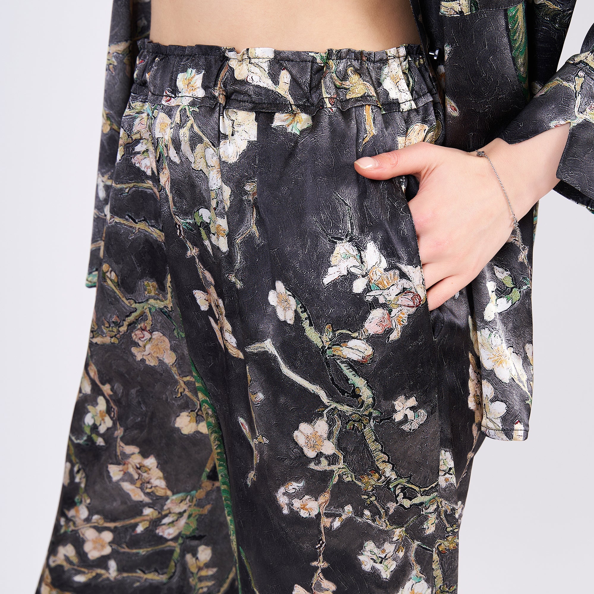 Two-piece long silk leisure set "Almond Blossoms - Anthracite"