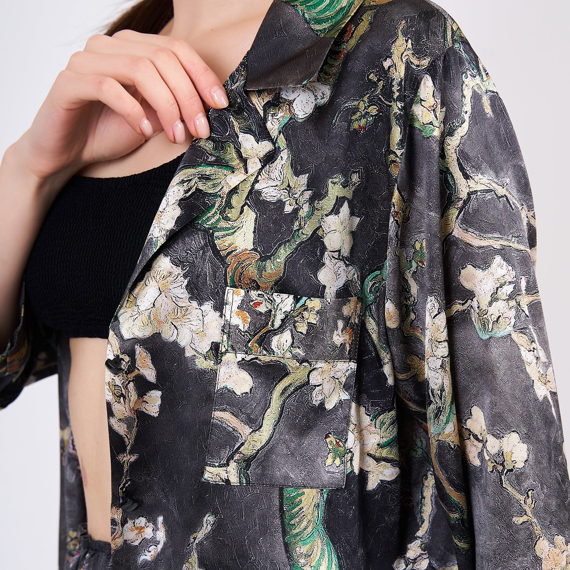 Two-piece long silk leisure set "Almond Blossoms - Anthracite"