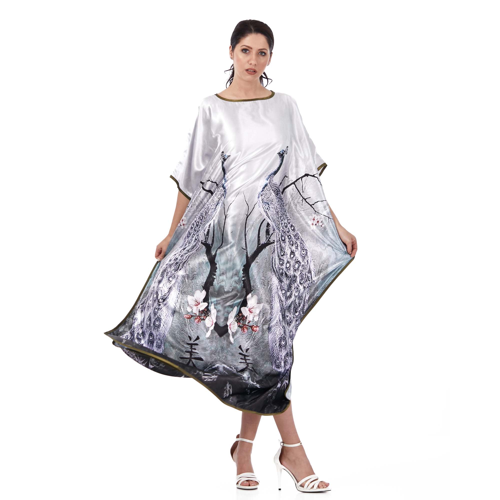 Long loose silk dress "Peacocks in Snow"