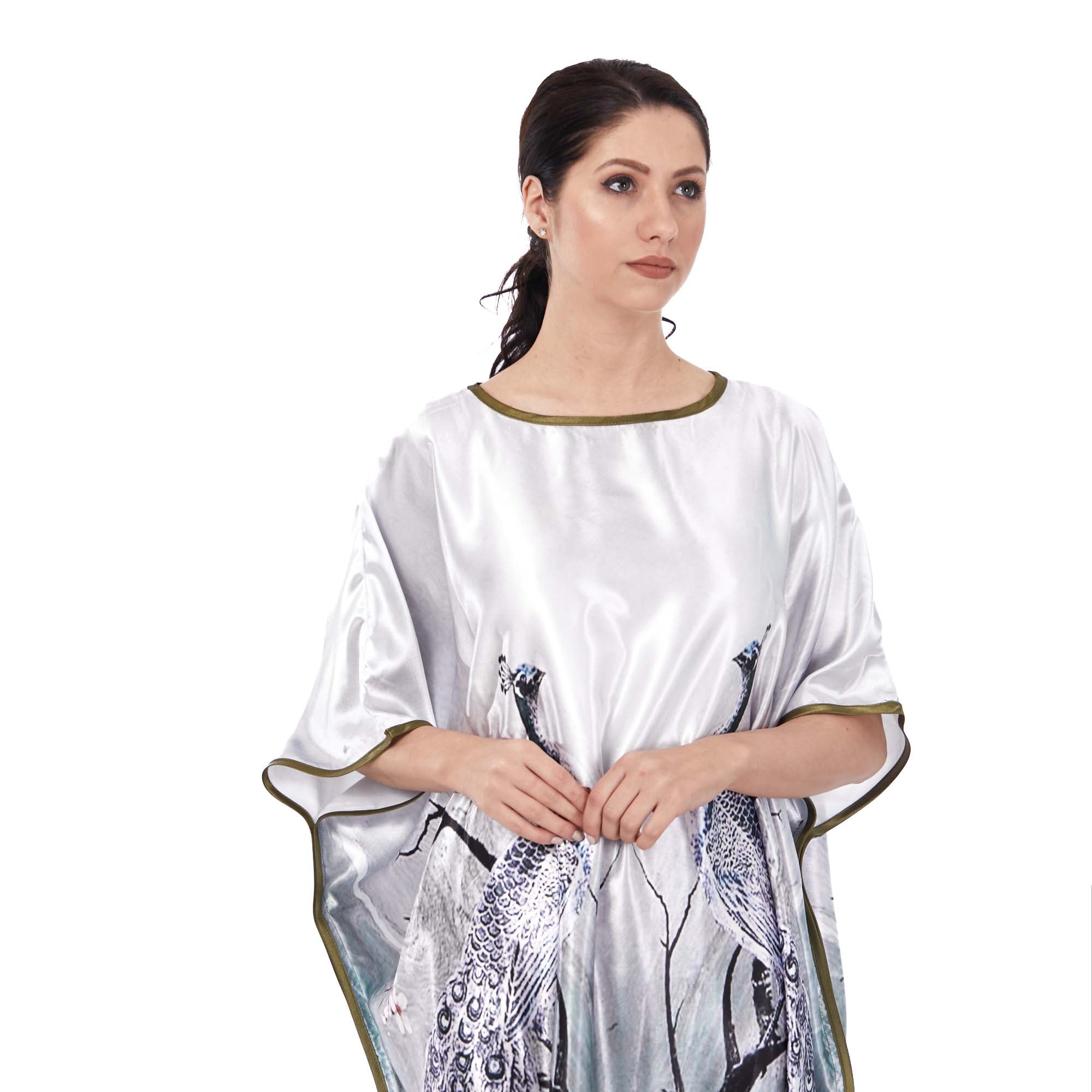 Long loose silk dress "Peacocks in Snow"