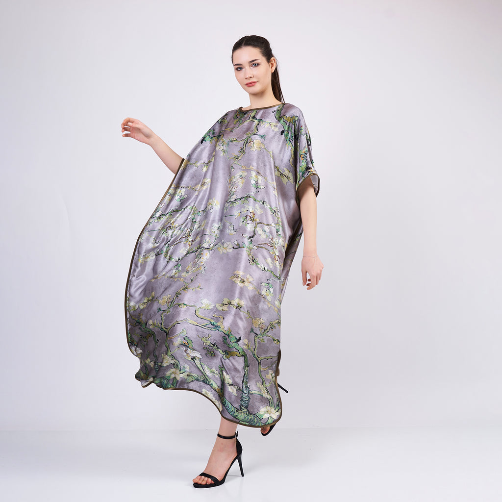 Long loose silk dress "Almond Blossoms - Gray"