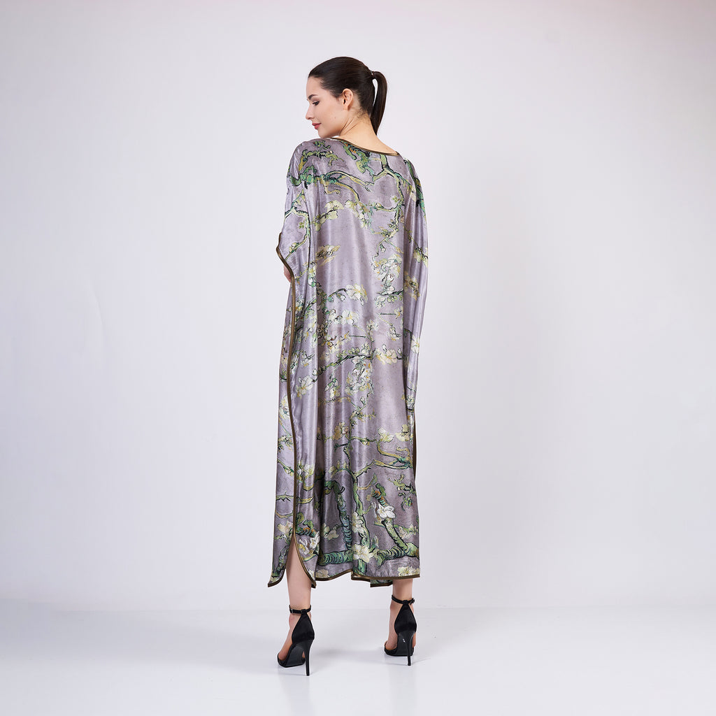 Long loose silk dress "Almond Blossoms - Gray"